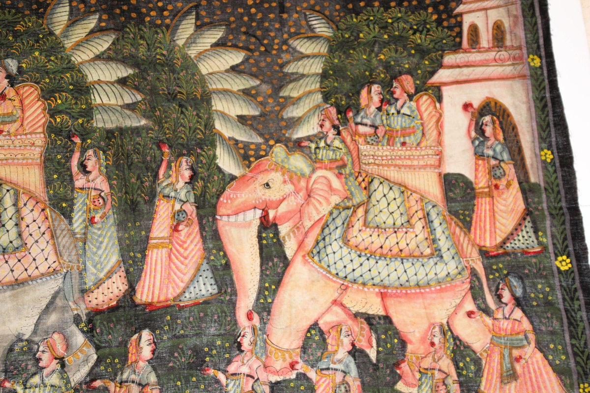 Large Vintage Mughal Raj Silk Painting of a Maharaja Royal Procession — India