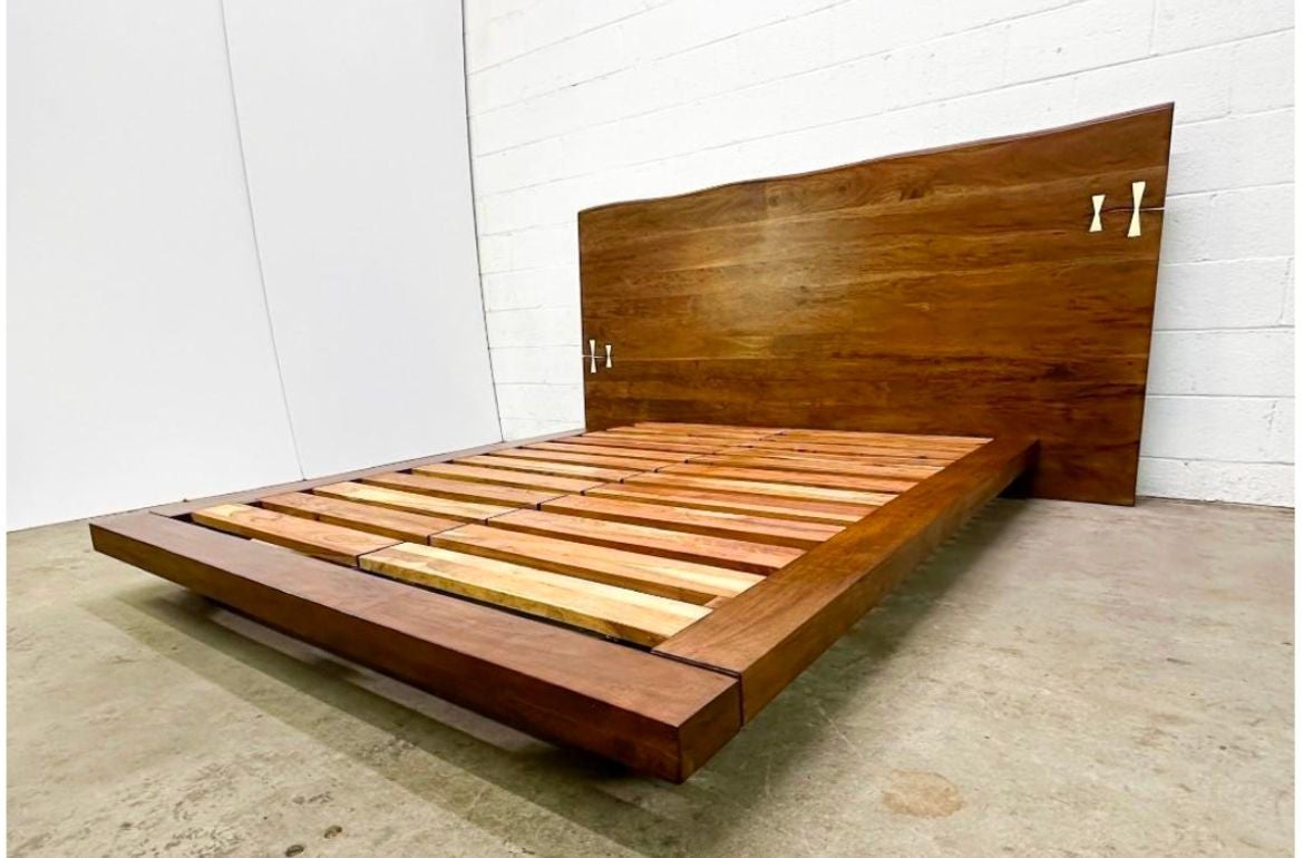 American Organic Modern Live-Edge Queen Platform Bed with Brass Inlays — detail view 3