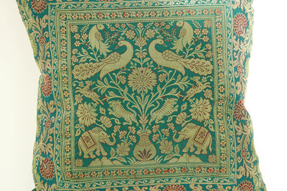 Emerald Green Exotic Silk Throw Pillow with Elephants and Peacocks India