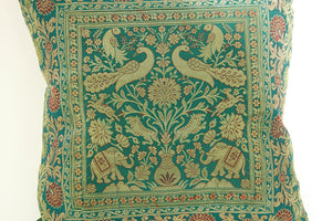Emerald Green Exotic Silk Throw Pillow with Elephants and Peacocks India