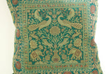 Emerald Green Exotic Silk Throw Pillow with Elephants and Peacocks India