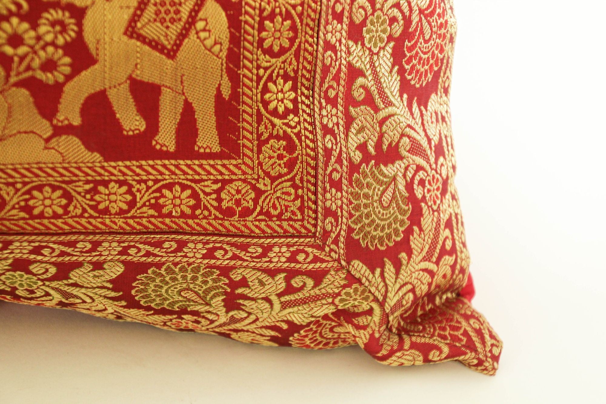 Decorative Silk Throw Pillow with Elephants and Peacocks India