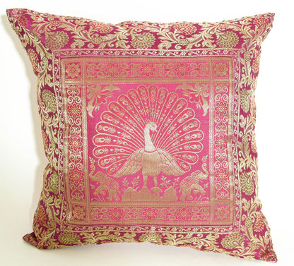 Hot Pink Silk Brocade Throw Pillow, Peacock Design, Indian Art, 1980