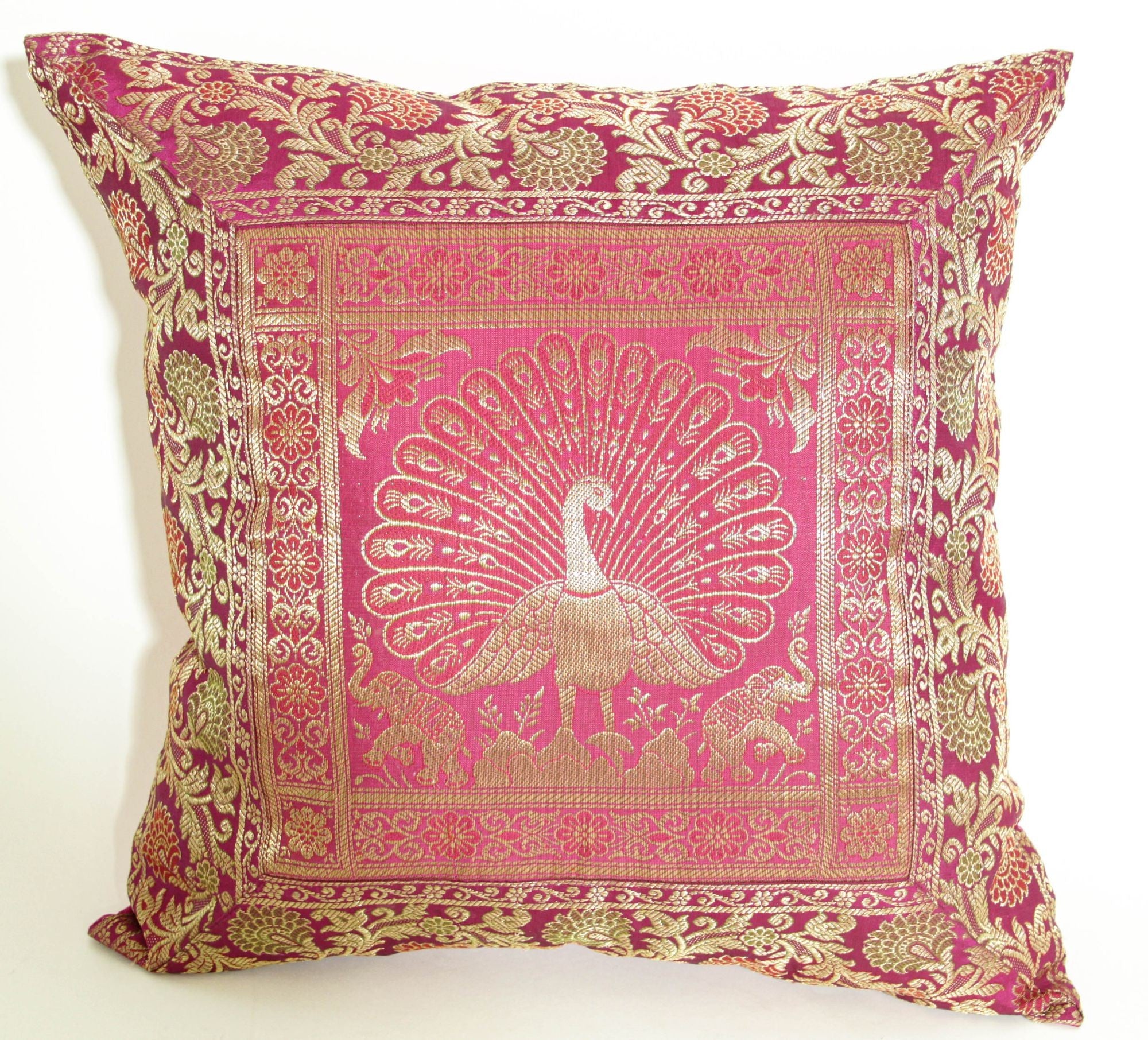 Hot Pink Silk Throw Pillow with Peacocks India