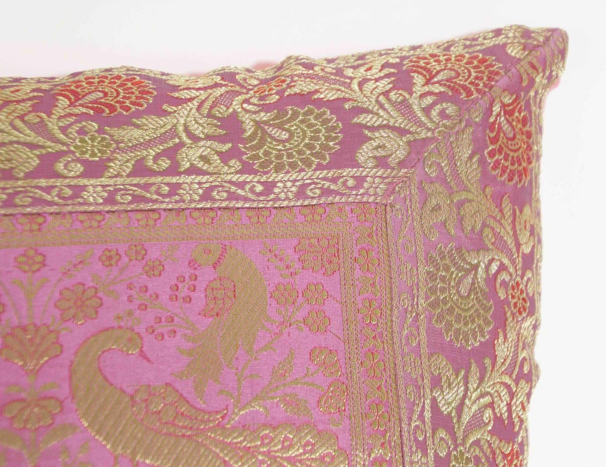 Silk Pink Throw Pillow with Elephants and Peacocks India