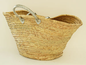 French Moroccan Straw Basket Tote Bag with Piped Leather Handles