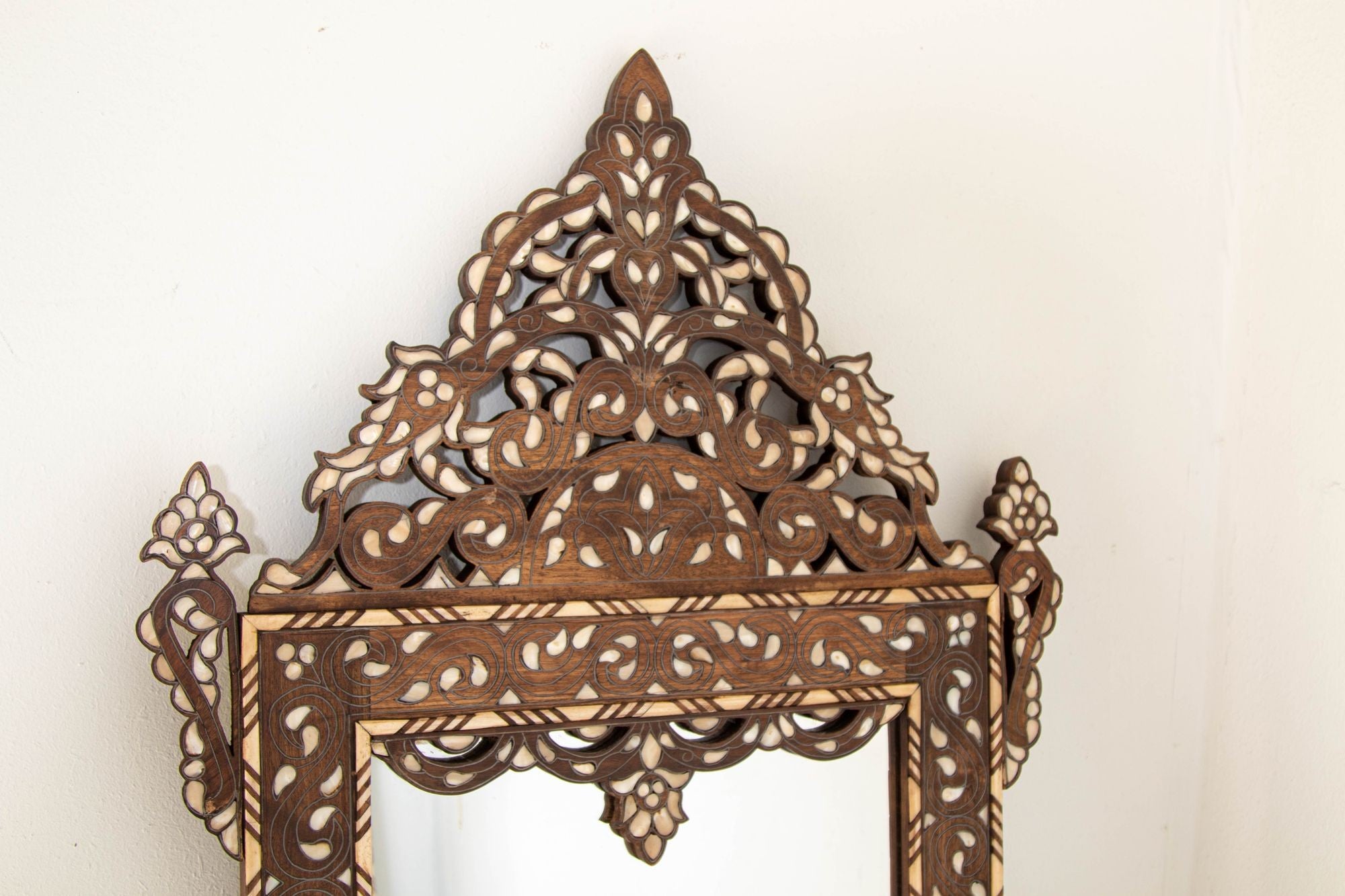 Damascene Moorish Bone Inlaid Mirrors With Floral Motif 52" H. A Pair