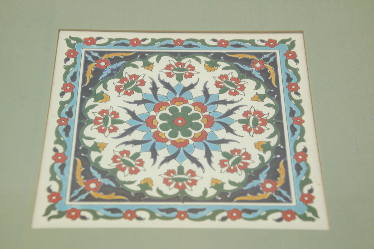 Handcrafted Turkish Iznik Style Ceramic Tile Framed 1950