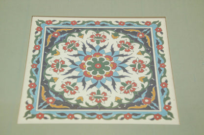 Handcrafted Turkish Iznik Style Ceramic Tile Framed 1950
