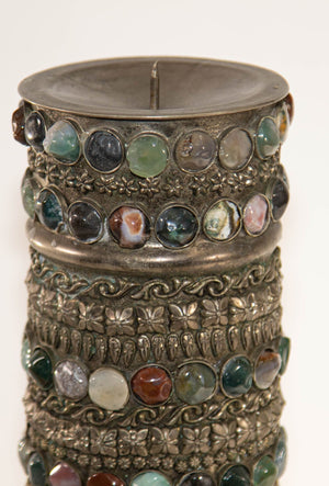 Vintage Agate Inlaid Jewelled Moroccan Silver Candle Holder