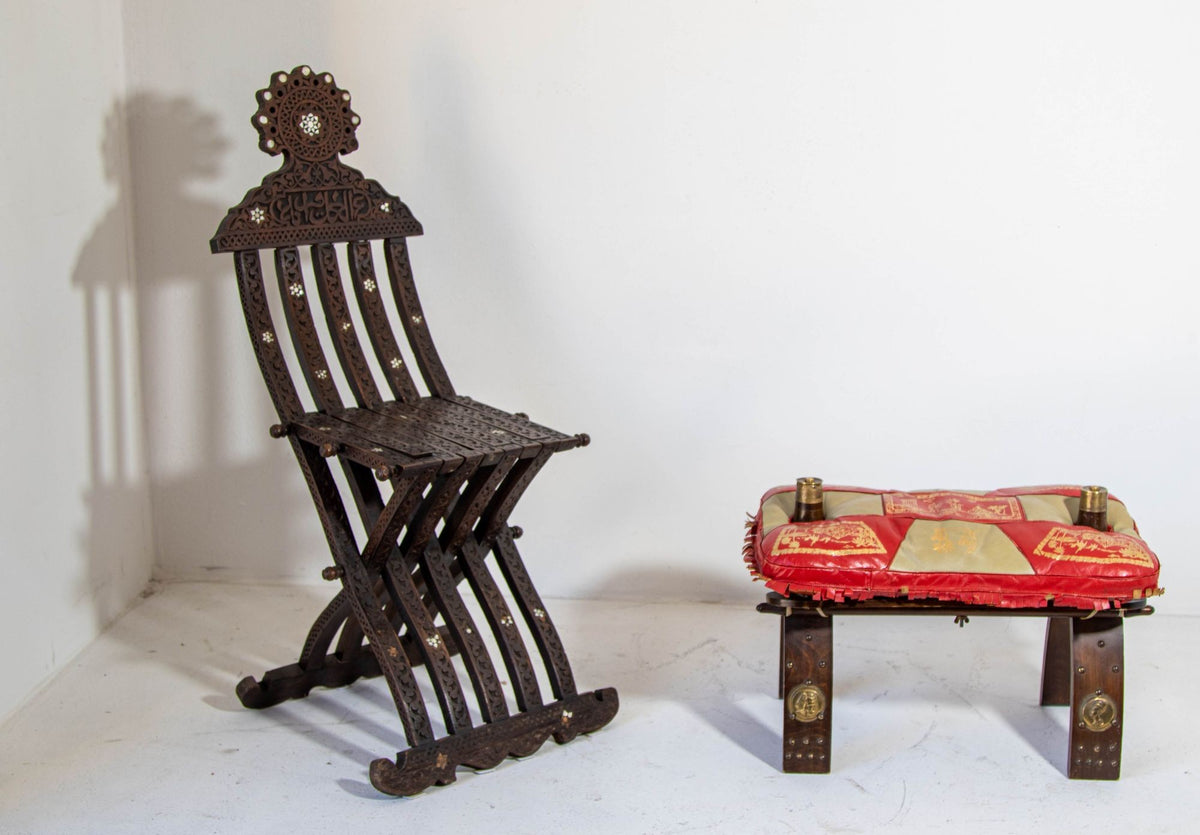 1960s Vintage Egyptian Camel Saddle Stool in Dark Wood & Red Leather
