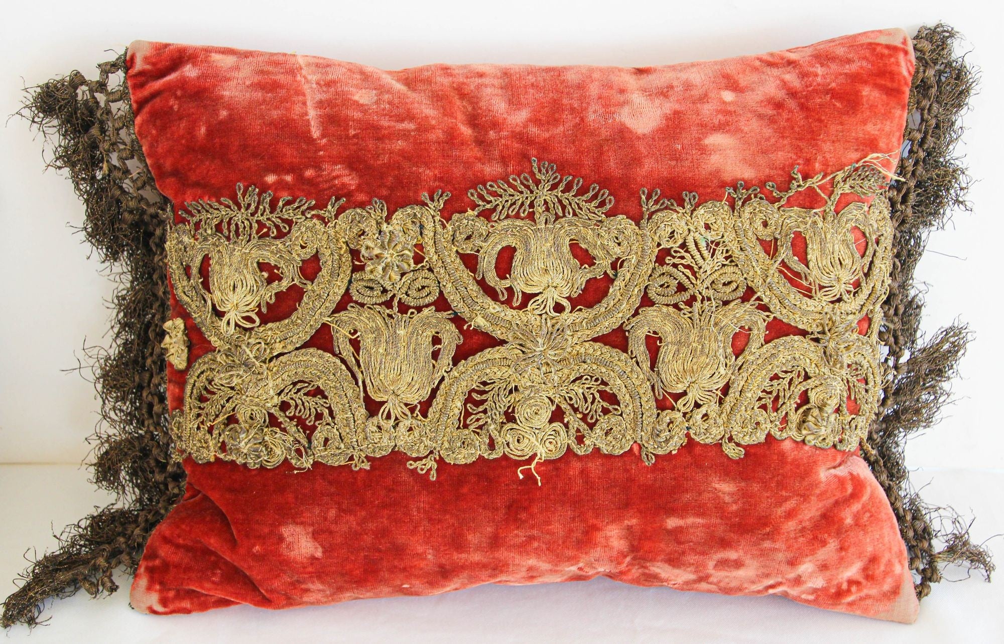 Antique Venetian Moorish Silk Velvet Throw Pillows Embellished with Metallic Treads