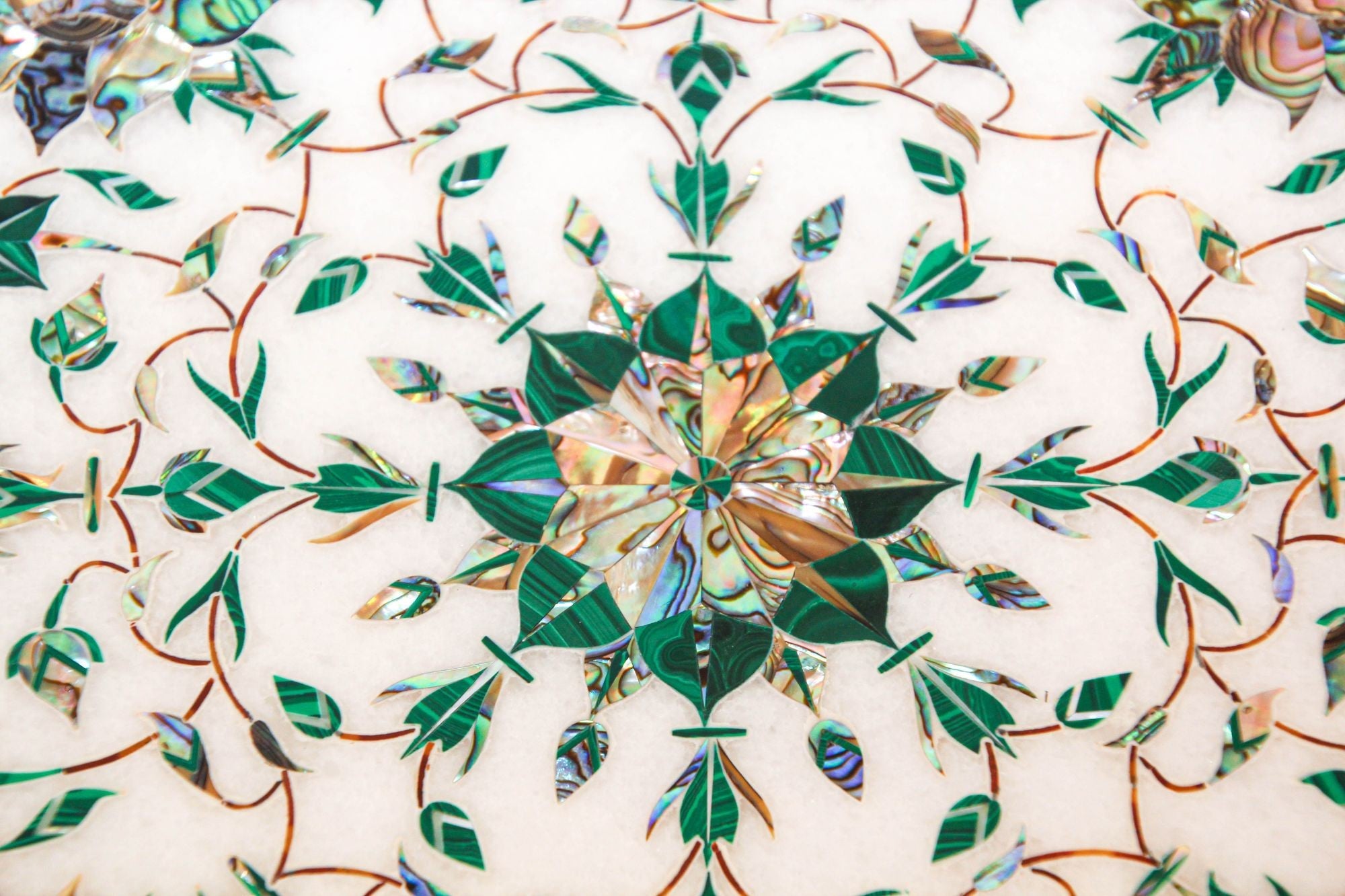 Pietra Dura White Mosaic Octagonal Inlaid Marble Top Handcrafted Agra India 1980