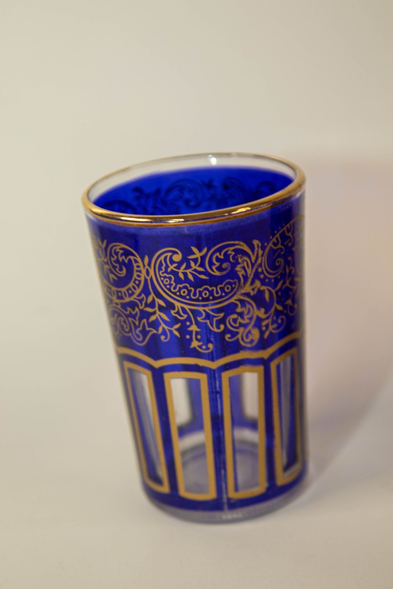 Moroccan Royal Blue Glasses with Gold Moorish Arabesque Design Set of 6 Barware