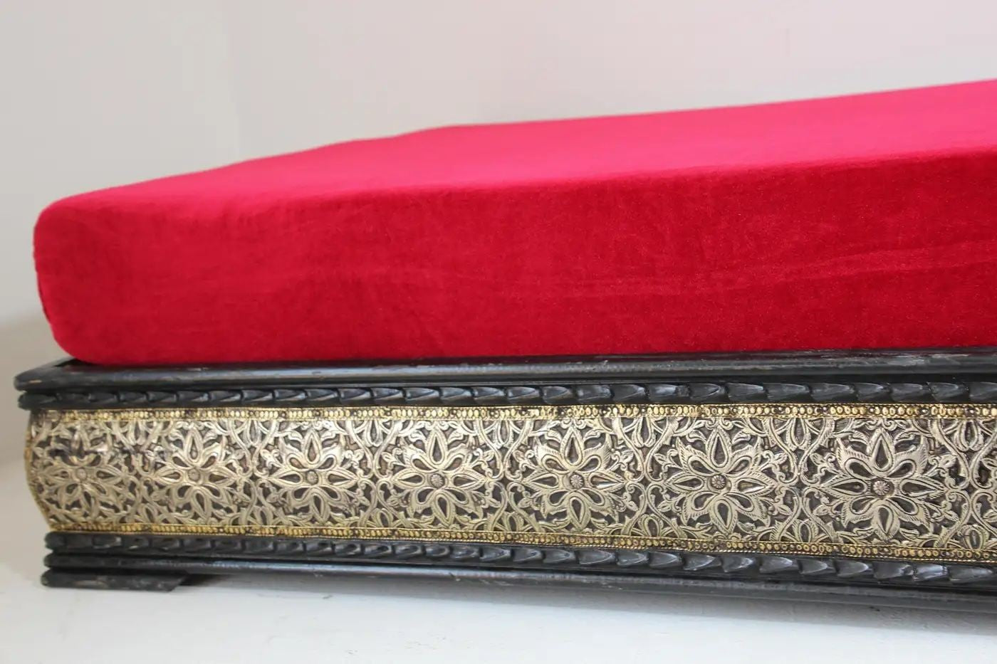 Vintage Moroccan Settee Low Bench, Day Bed with Red Cushion