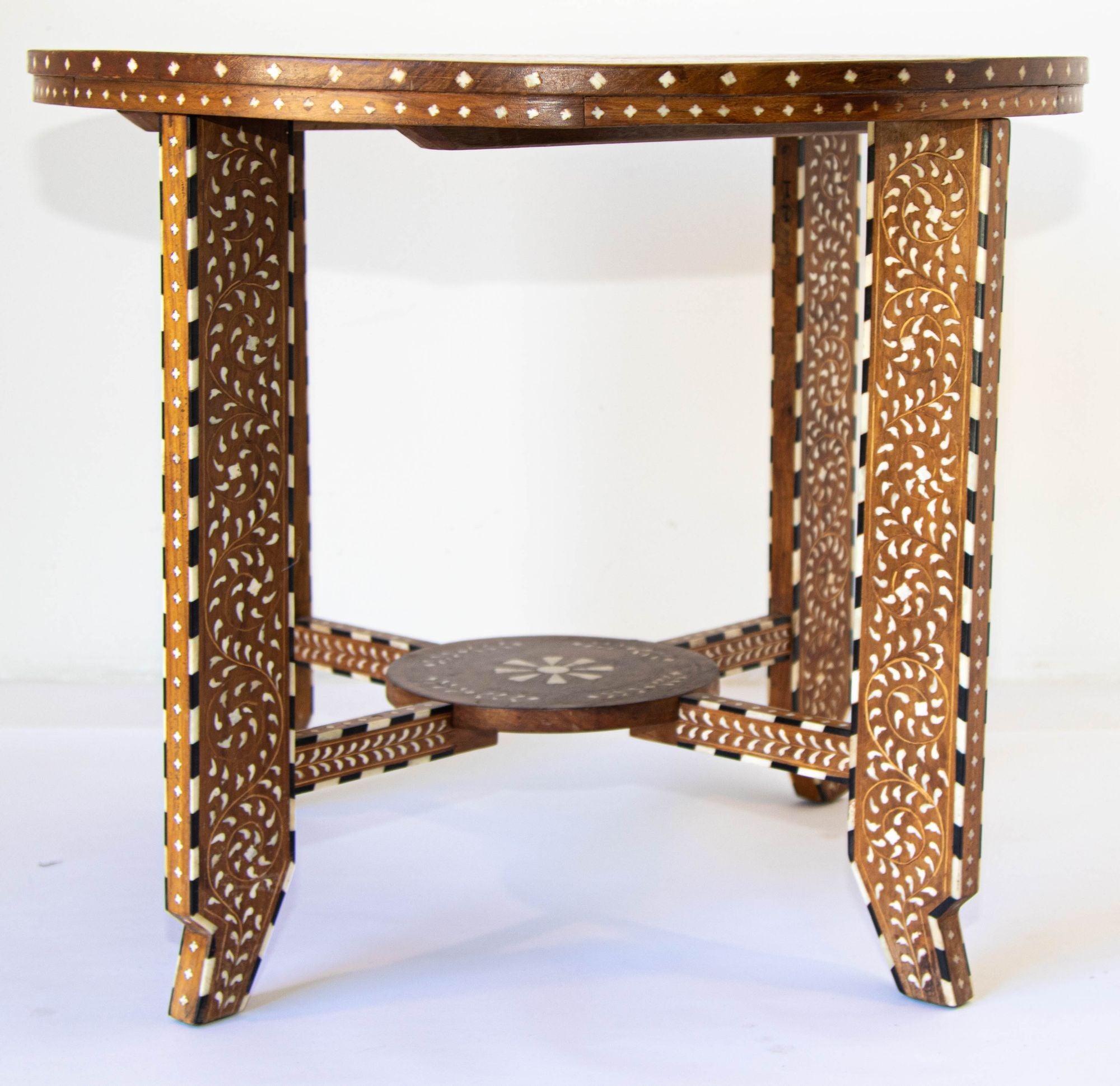 Anglo Indian Mughal Teak Wood Round Side Table with Bone Inlaid