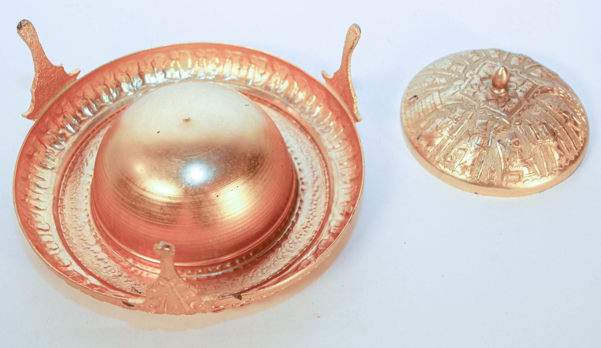 Vintage Gold Tone Islamic Moorish Roll Top Caviar Footed Dish Server 1960s