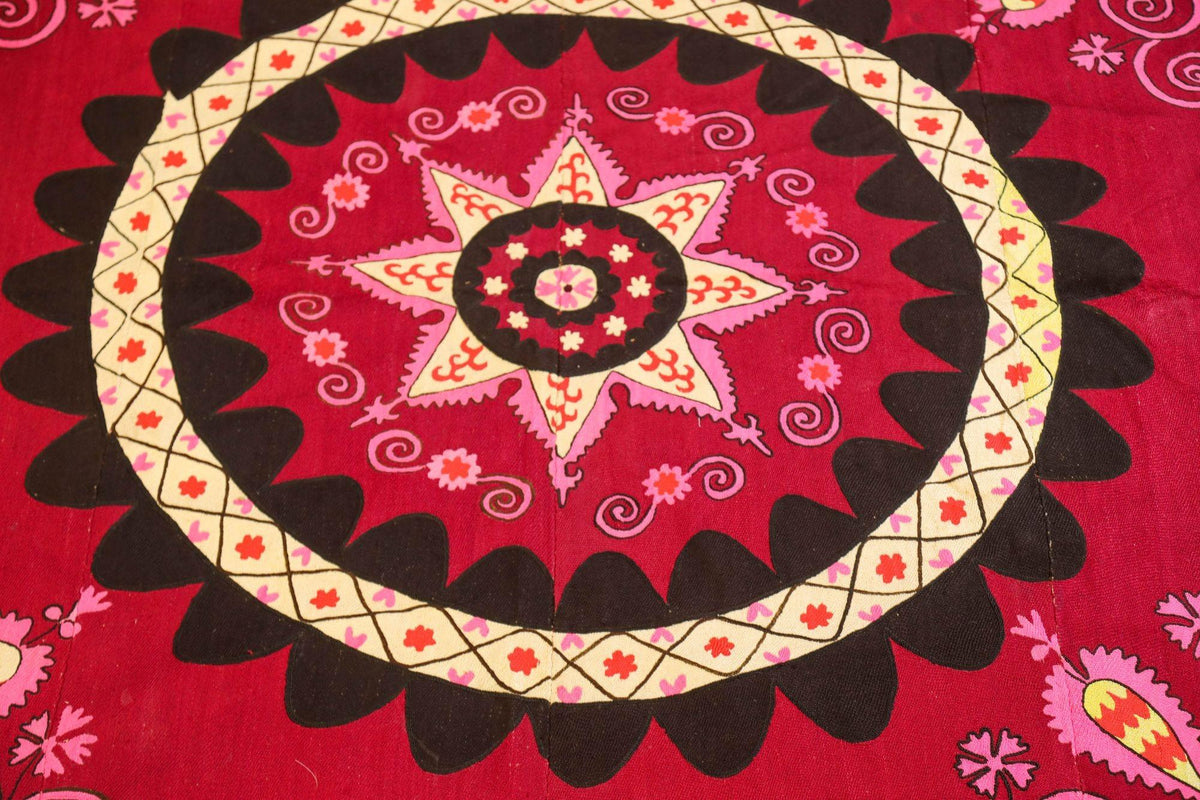 Vintage Suzani Uzbekistan Embroidered Textile Red and Black — additional view 4