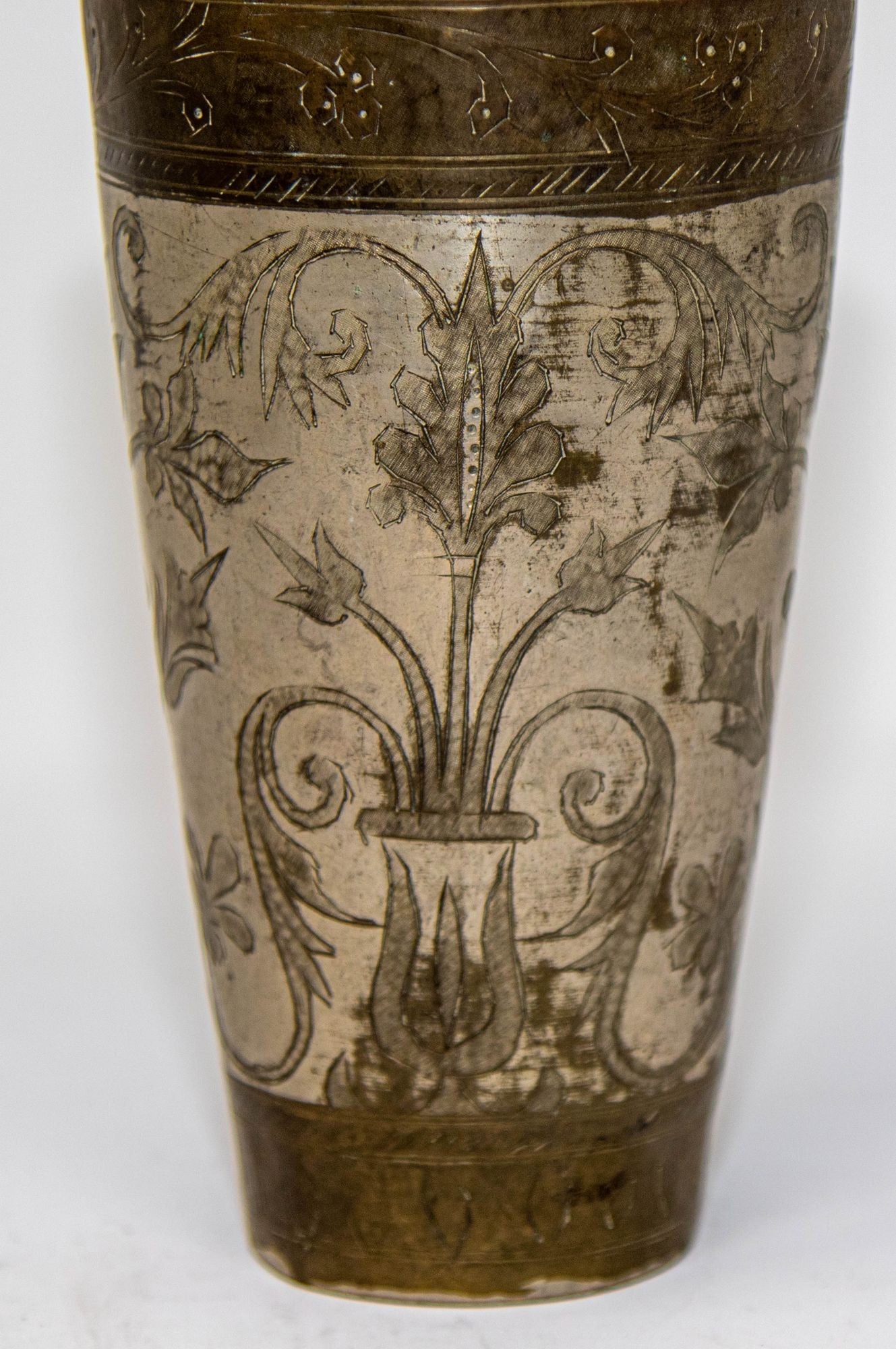 Antique Engraved Metal Silvered Beaker or Vase from India 1940s