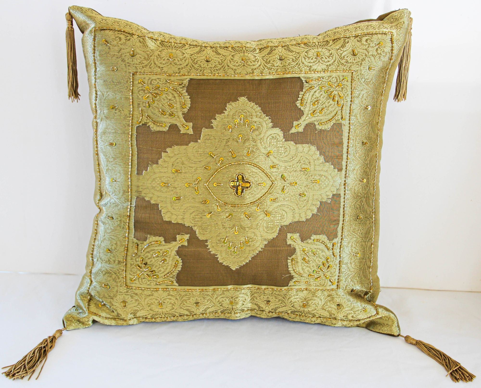 Gold Moorish throw Pillows Embellished with Sequins and Beads a Pair