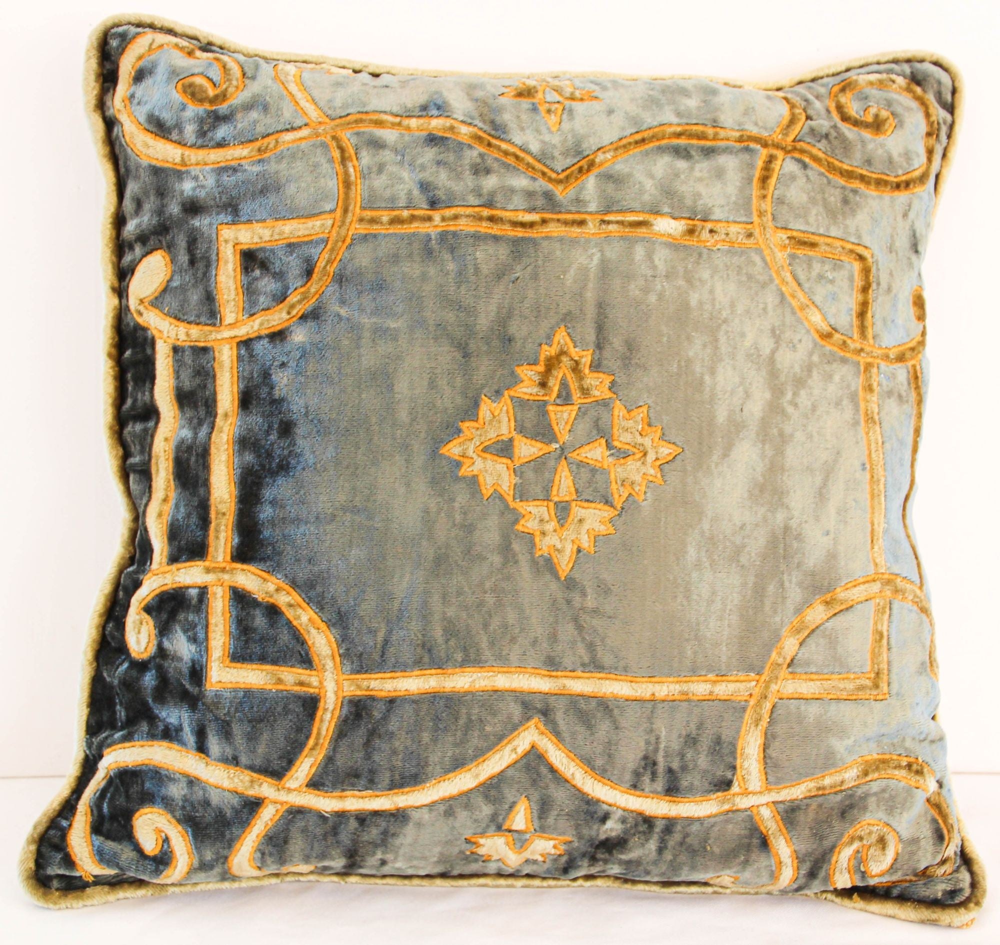 Baroque Venetian Style, Blue and Gold Velvet Pillow, Elaborate Applique Work