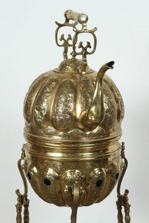 Moroccan Brass Tea Kettle on Stand Handcrafted in Fez Morocco 1930