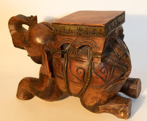 Vintage Asian Elephant Hand-Carved Wooden Stool
