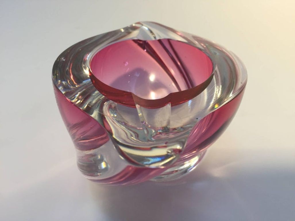 Crystal Pink Ashtray for Val Saint Lambert, Paper Weight Signed