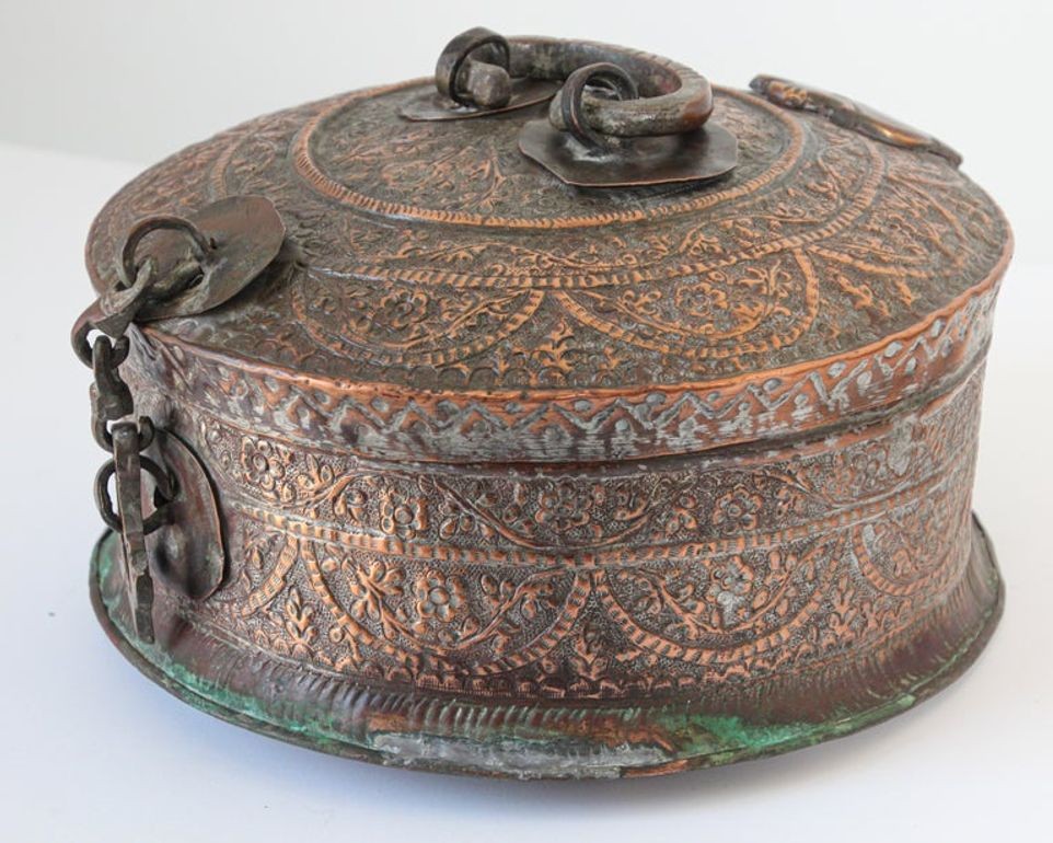 Antique South Asian Mughal Round Tinned Copper Box with Lid India 19th Century