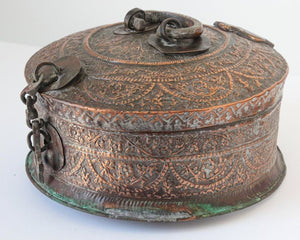Antique South Asian Mughal Round Tinned Copper Box with Lid India 19th Century