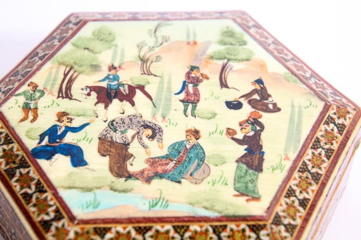 Khatam Persian Micro Mosaic Marquetry Inlaid Jewelry Trinket Box 1950's