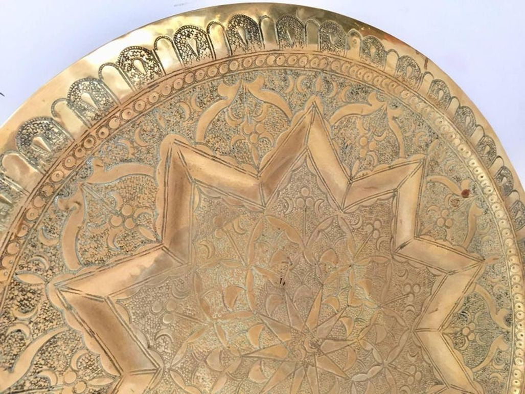 Middle Eastern Moorish Antique Round Brass Tray 20 inches