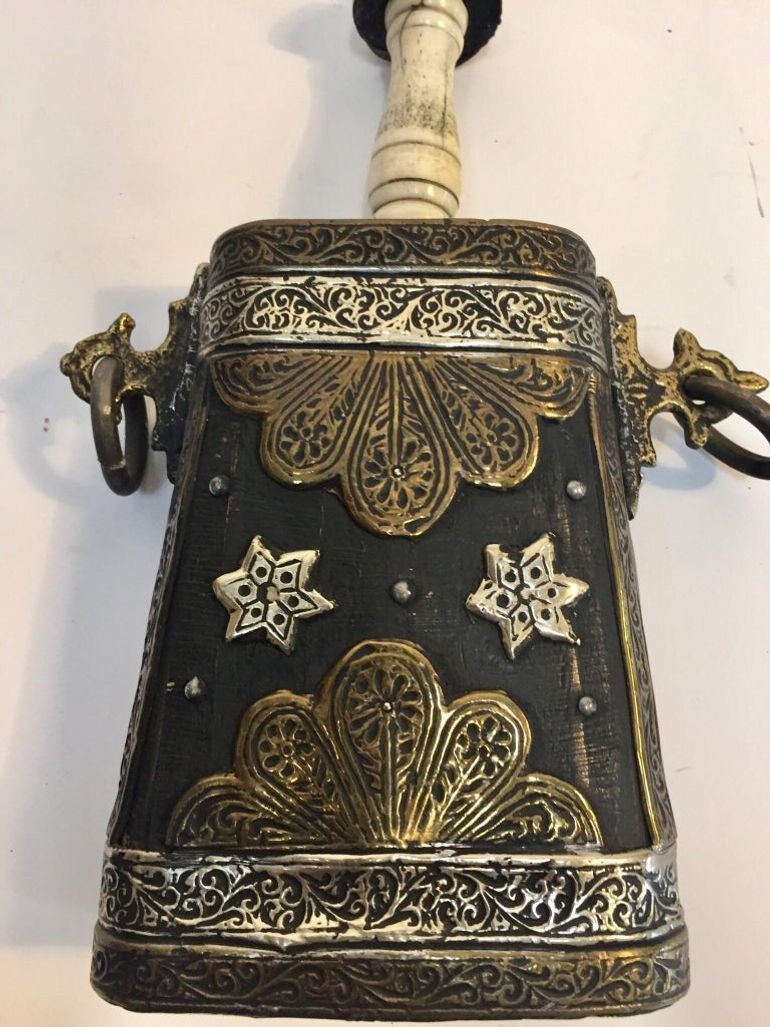 Antique Moroccan Berber Case Flask, Hand-Carved Wood & Brass, 1920s