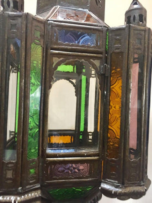 Moroccan Handcrafted Moorish Pendant Lantern with Multi-Color Glass