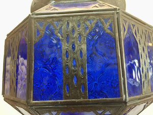 Handcrafted Moroccan Metal and Blue Glass Lantern, Octagonal Shape