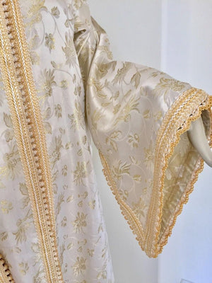 Vintage Moroccan Kaftan White and Gold Metallic Floral Brocade Caftan 1970's