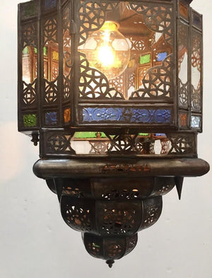 Moroccan Hall Lantern Light Fixture with Multi-Color Glass Moorish Style