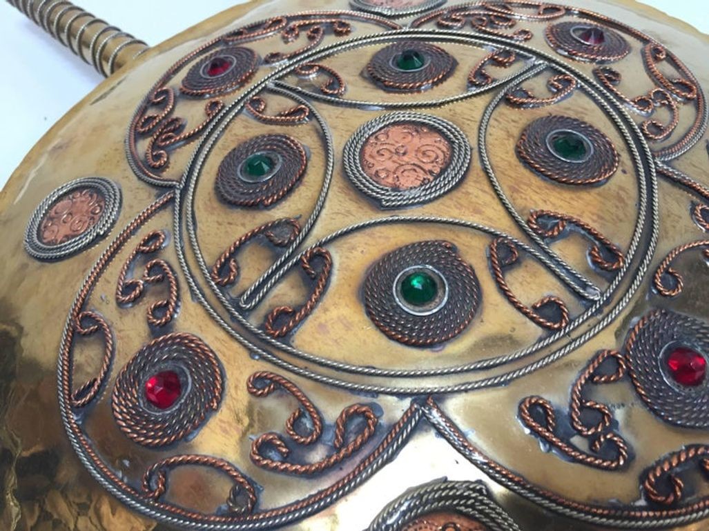 Handcrafted Moroccan Brass Drinking Flask with Glass Stones, 1940