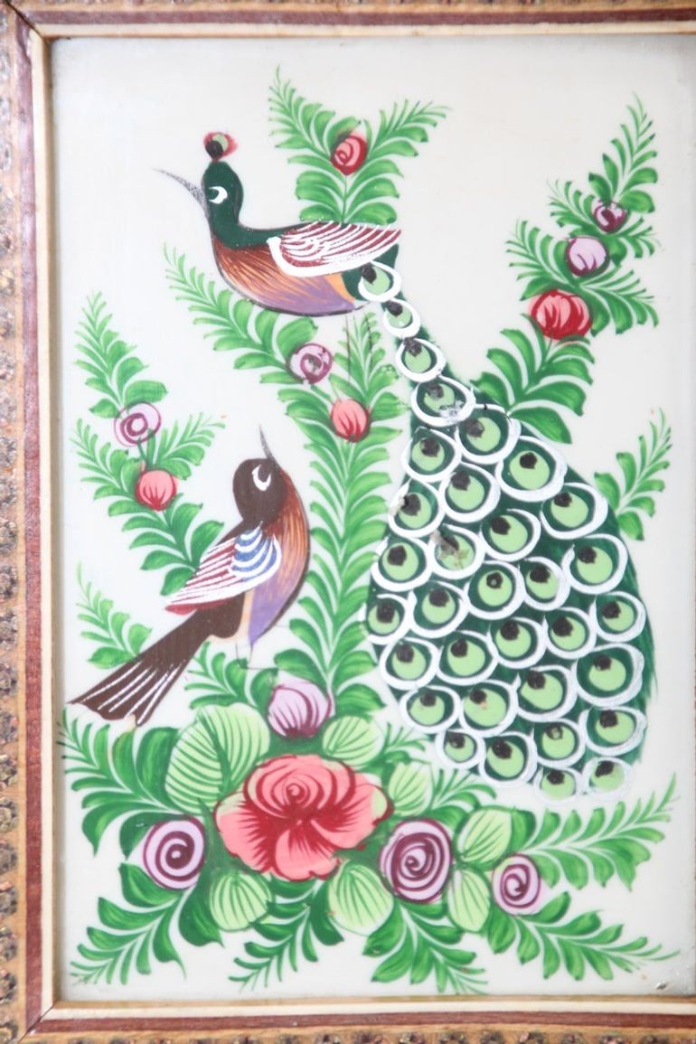 Middle Eastern Miniature Painting of Peacocks in Mosaic Frame