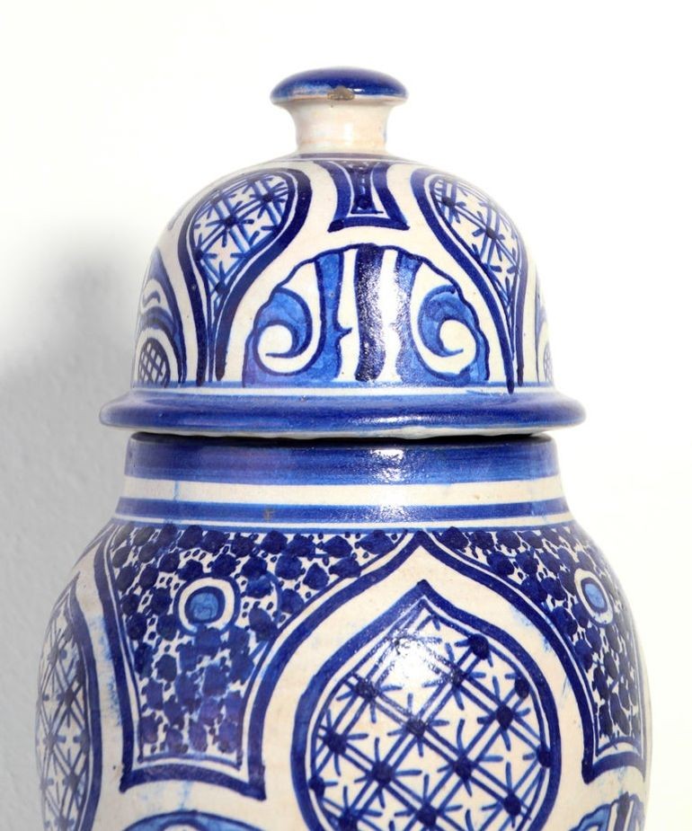 Moroccan Ceramic Blue and White Moorish Jar from Fez 1950s