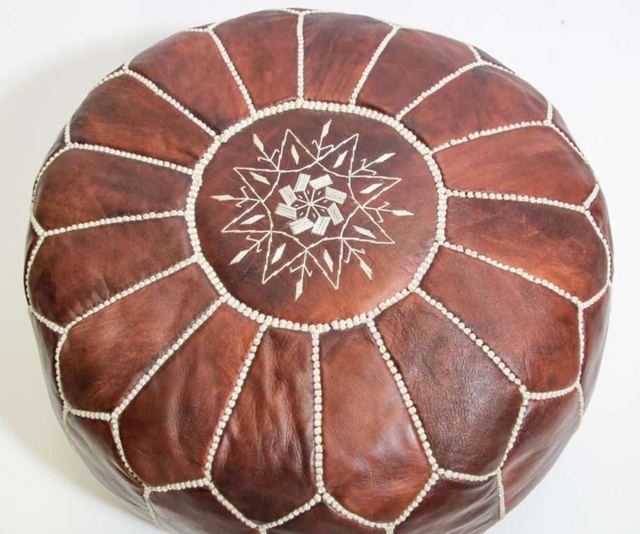 Moroccan Hand Tooled Brown Leather Pouf