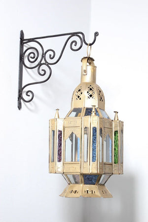 Moroccan Candle Lantern in Moorish Gilt Metal and Glass
