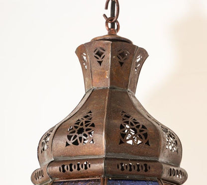 Moroccan Hanging Glass Lantern Moorish Metal Light Fixture with Stained Glass