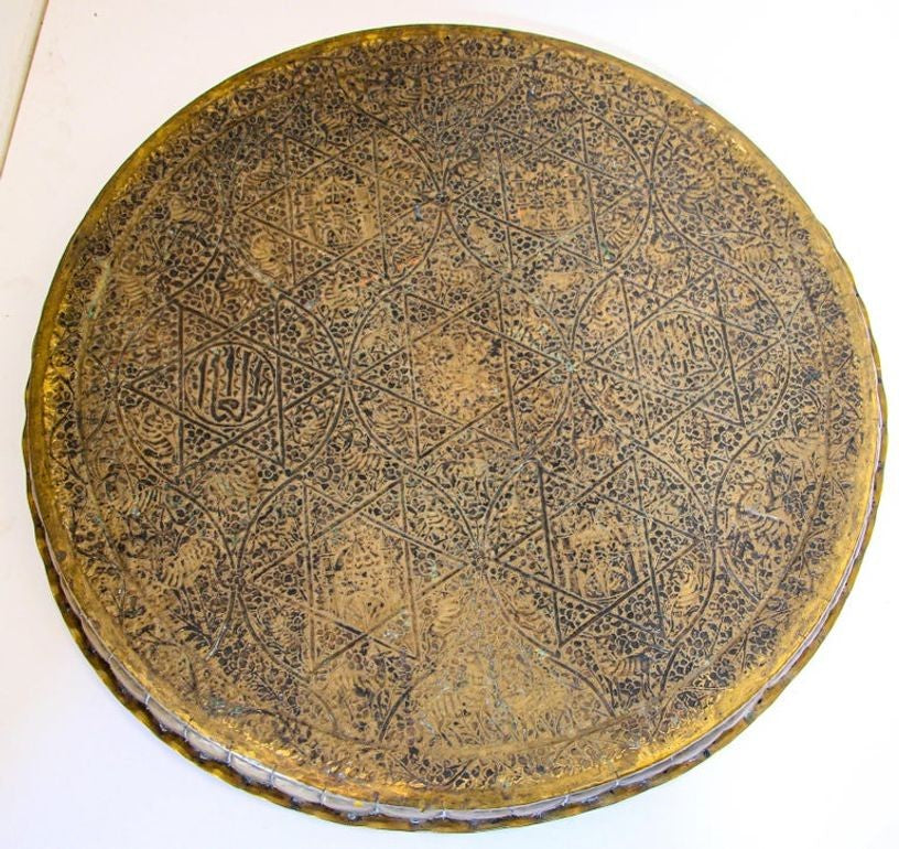 Large Antique Decorative Indo-Persian Mughal Hammered Brass Tray 19th c.