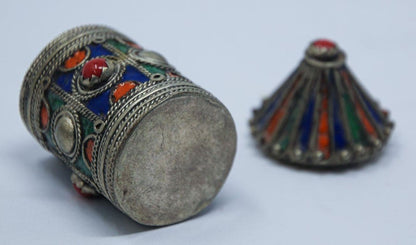 Antique Kabyle Berber Silver & Enamel Kohl Jewelry Box, Algeria, circa 1920s