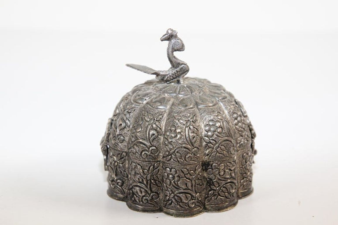 Antique Mughal Silver Chased Collectible Box Trinket Pandan Box, North India