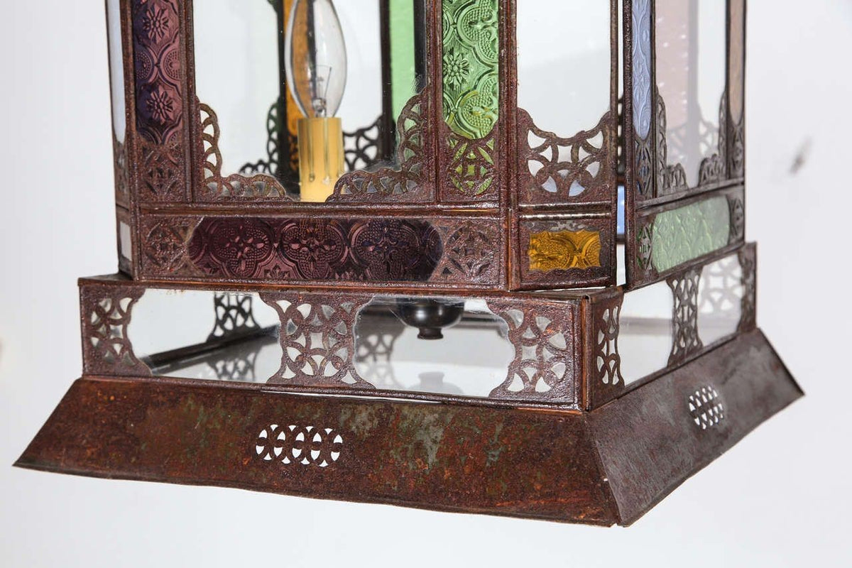 Moroccan Handcrafted Metal and Glass Lantern, Bohemian Style, 1980