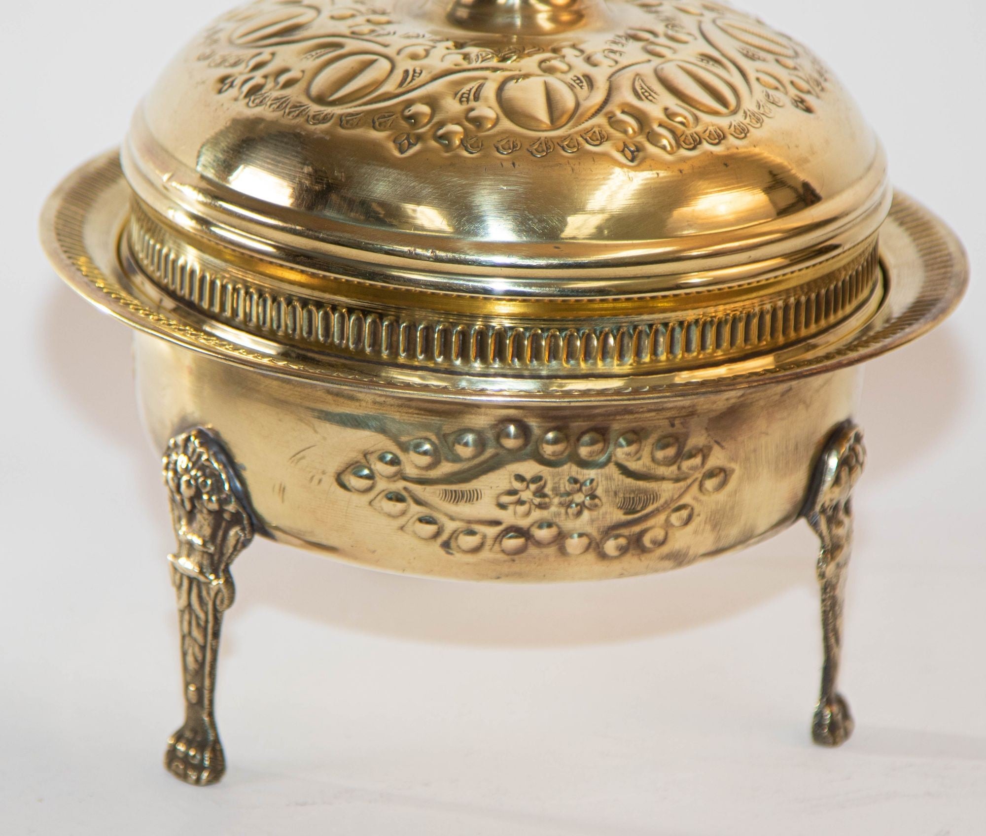 1940s Antique Round Moroccan Brass Serving Dish with Dome Lid and Paw Lion Feet.