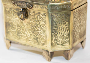 1920 Persian Brass Jewelry Box in Mamluk Revival Damascene Moorish Islamic Style