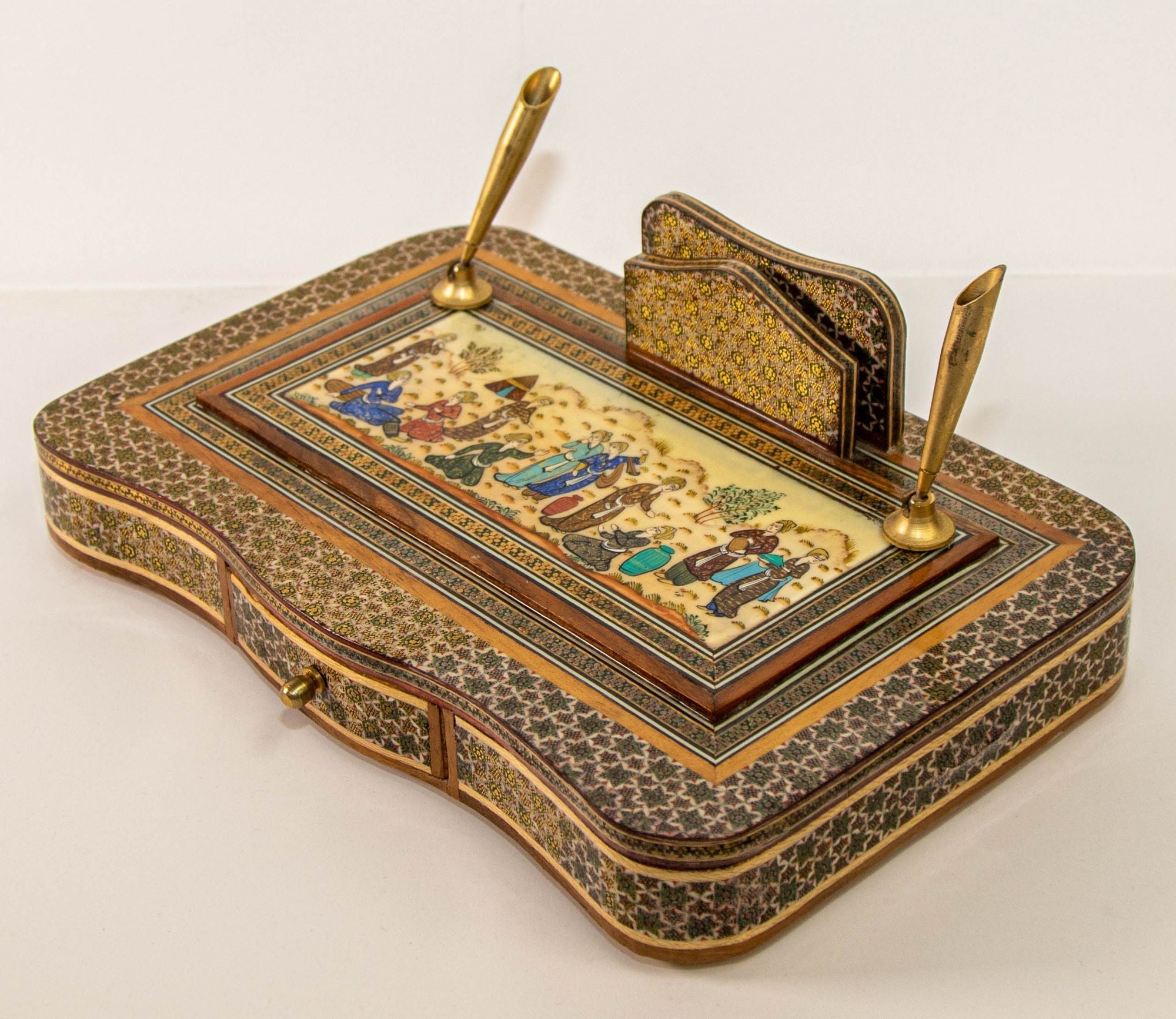 Vintage 1950s Persian Khatam Hand Painted Pen and Letter Desk Set